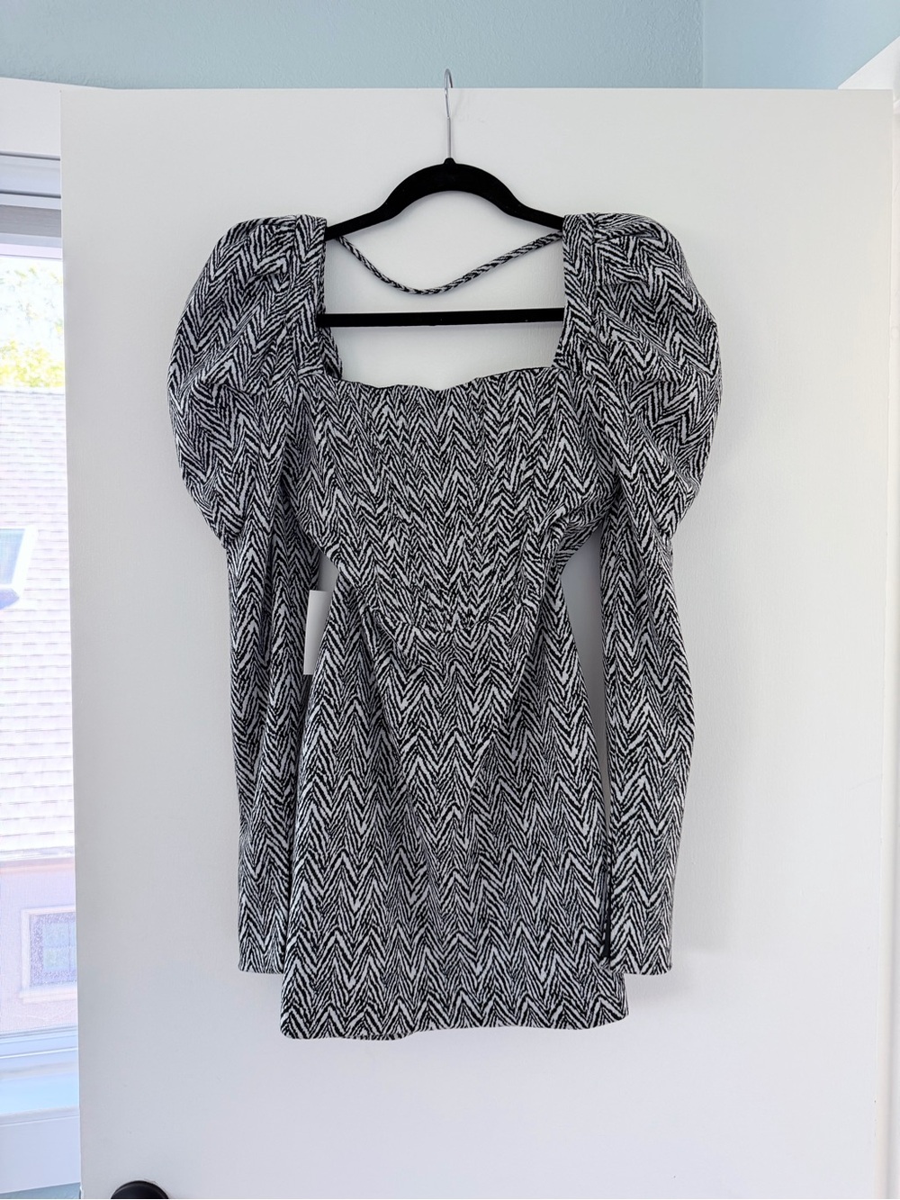 Miss Circle Denise Black White Herringbone Tweed Puff Sleeve Mini Dress S